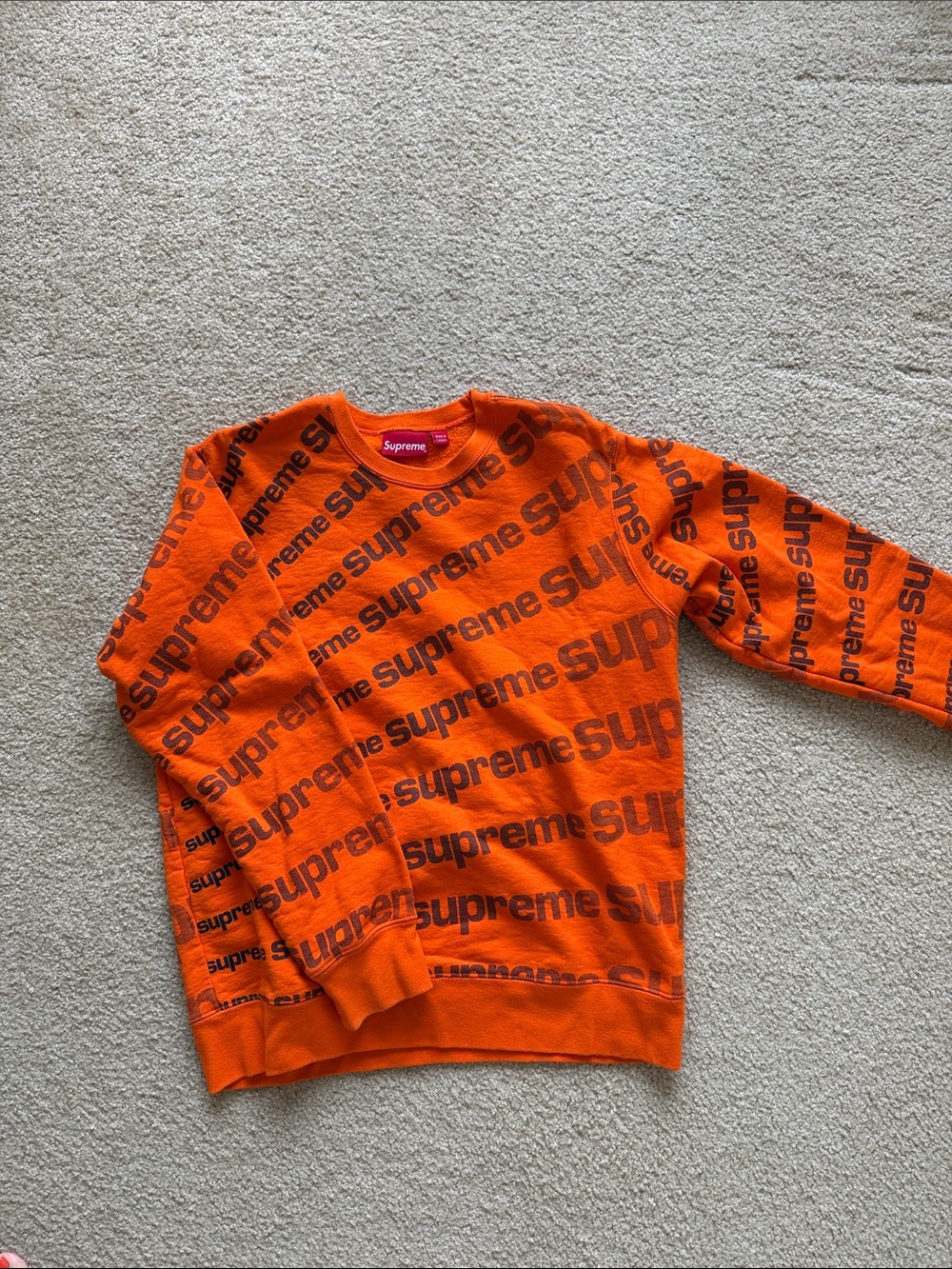 Authentic Supreme Orange All-Over Logo Crewneck Sweater